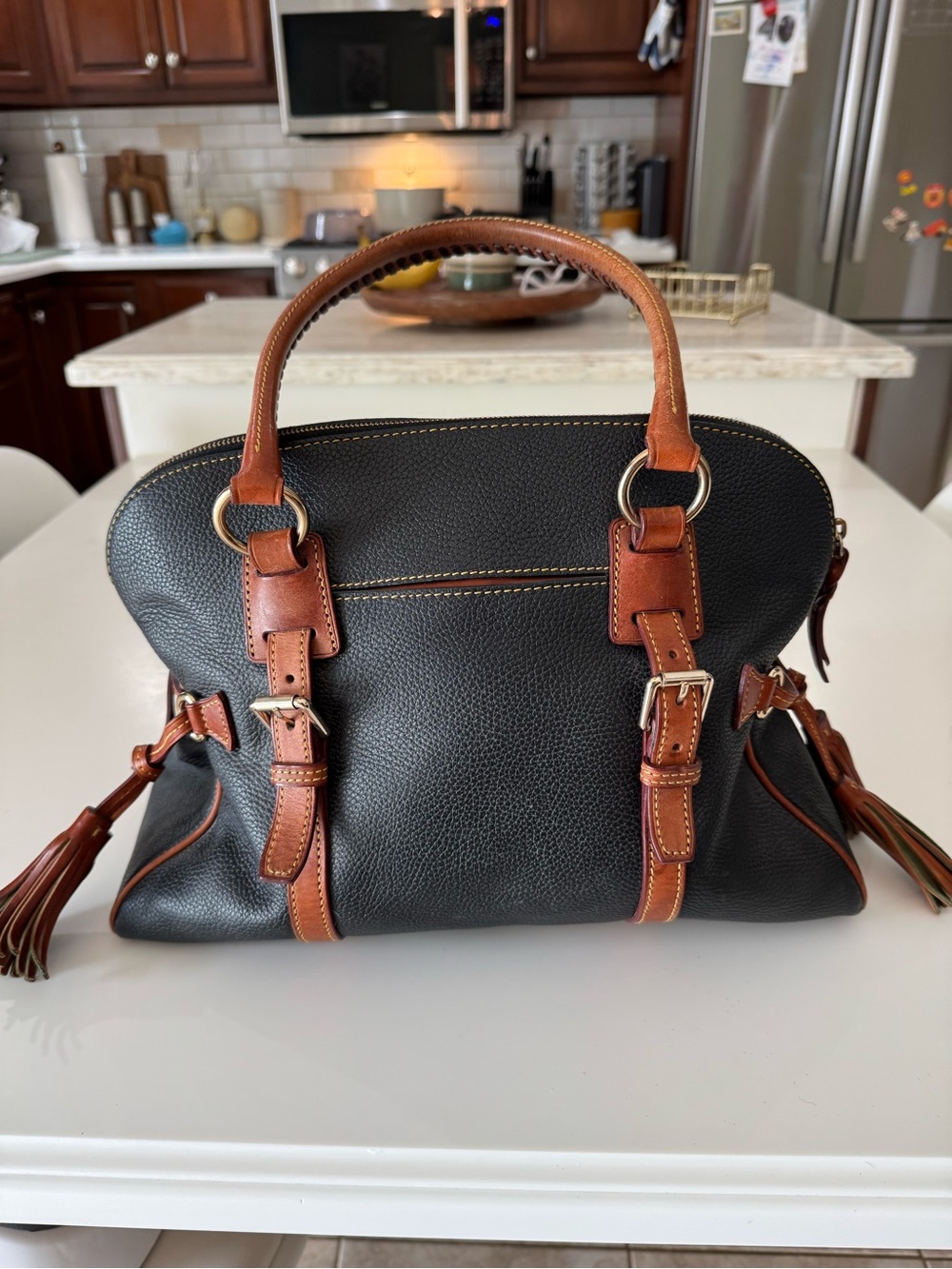 Dooney & Bourke Black Pebbled Leather Satchel with Brown Trim and Brass Hardware - Picture 2 of 11
